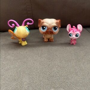 Littlest Pet Shop Brown Pug, Pink Mouse, and Yellow Butterfly Set